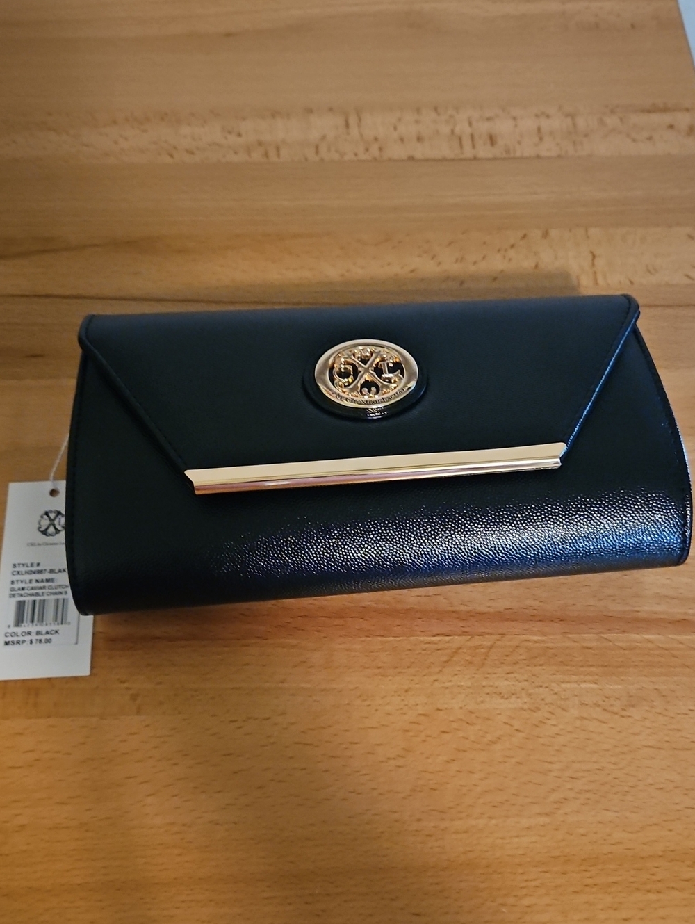 Christian Lacroix Black Envelope Clutch with Gold Emblem